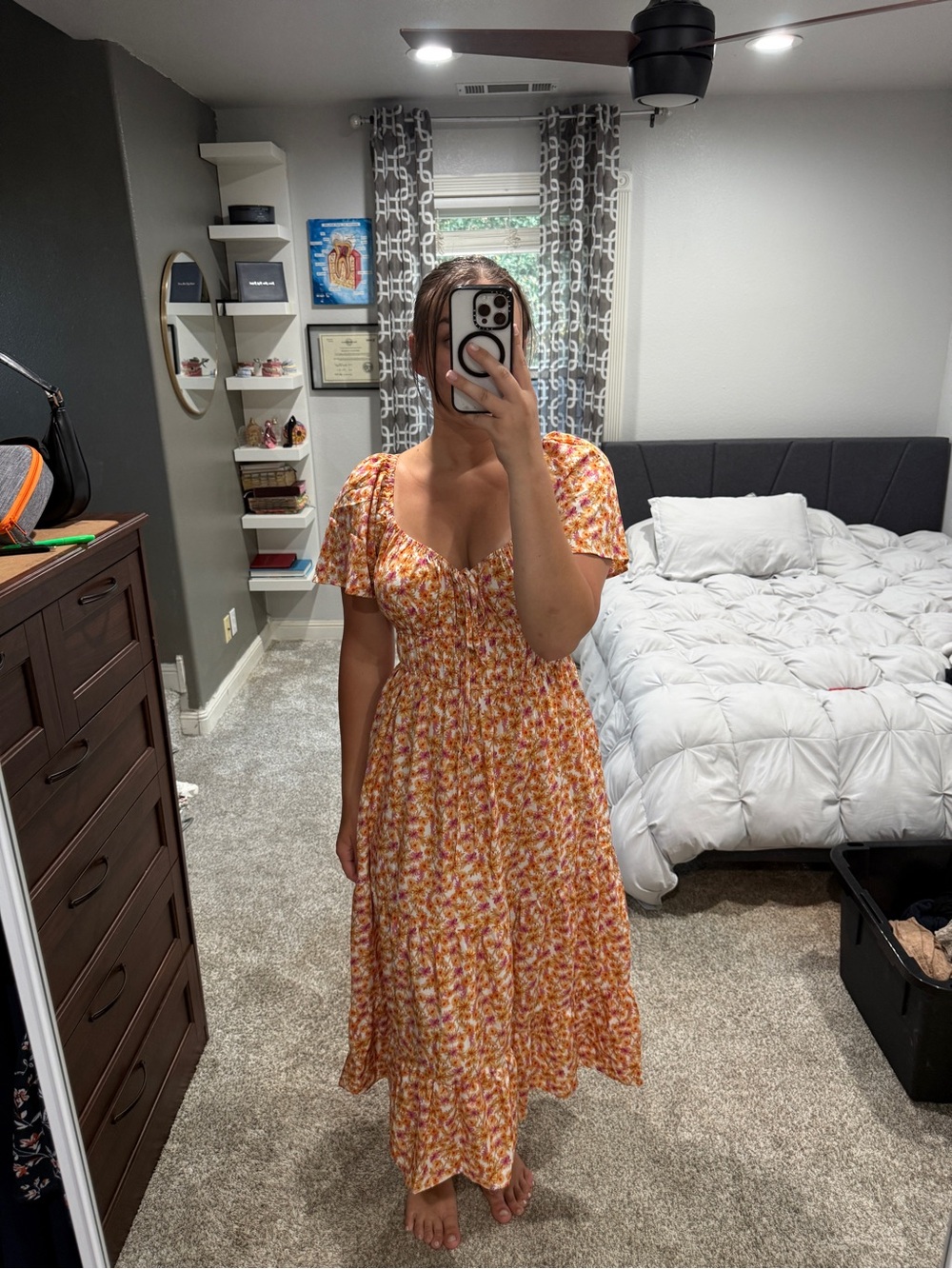 Blush Orange Floral Maxi Dress with Puff Sleeves
